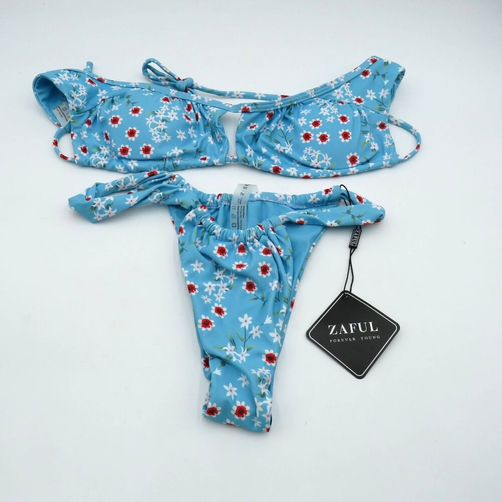 Zaful Bathing Suit‎ Size 4 Floral Print Blue Bikini Set High Cut New